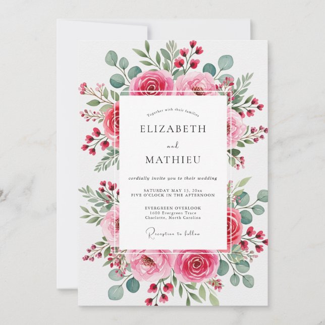 Convite Casamento de Primavera Rosa Vibrante (Frente)