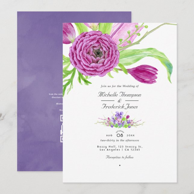 Convite Casamento de primavera RSVP de Código QR Floral de (Frente/Verso)