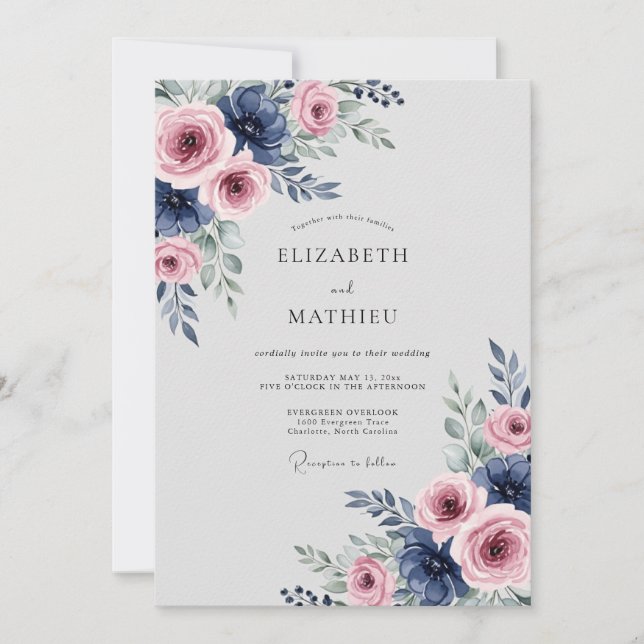 Convite Casamento de Primavera Suntuoso Rosa Azul-Marinho (Frente)