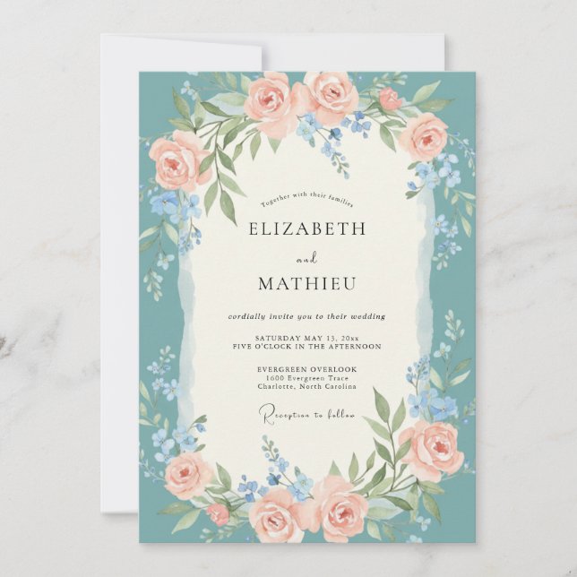 Convite Casamento de Primavera Teal Divino (Frente)
