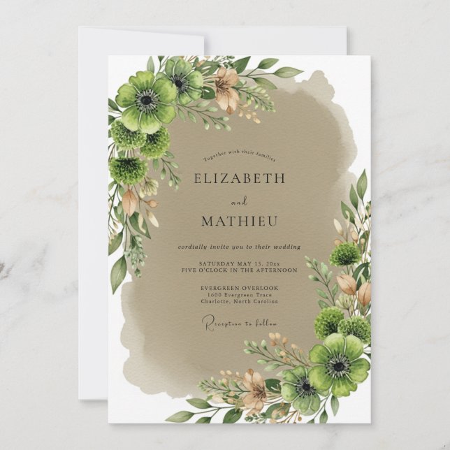 Convite Casamento de Primavera Terroso em Verde Oliva (Frente)