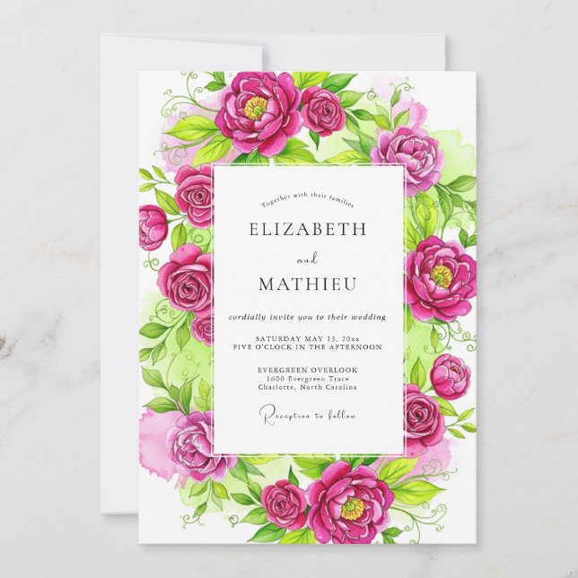 Convite Casamento de Primavera Vibrante Magenta (Frente)