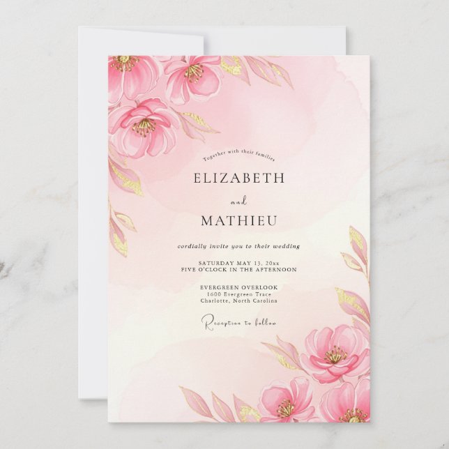 Convite Casamento de Primavera Vibrante Rosa Corado (Frente)