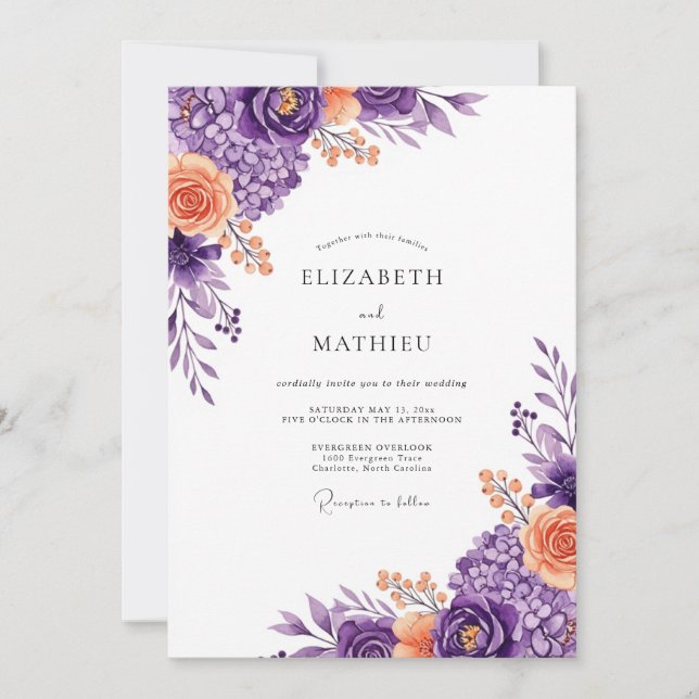 Convite Casamento de Primavera Violeta e Luxuriante (Frente)