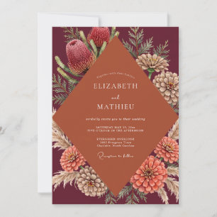 Convite Casamento de Protea Eucalipto Ferrugem Marrom