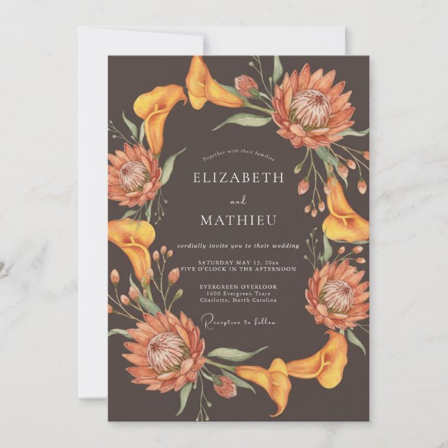 Convite Casamento de Protea Eucalipto Laranja Queimada (Frente)