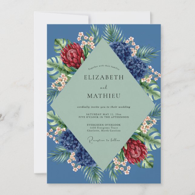 Convite Casamento de Protea Tropical de Eucalipto Slate (Frente)