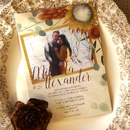 Convite Casamento de Proteas Outono Dourado, Bronze e Verd