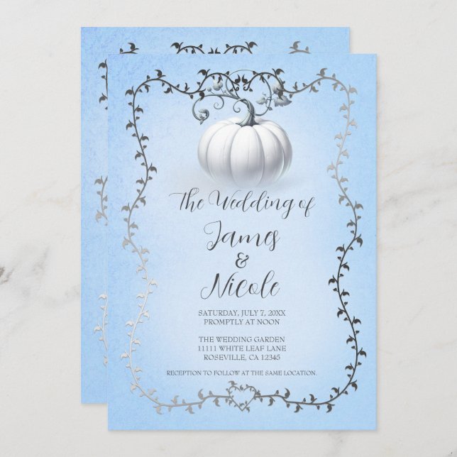 Convite Casamento de Pumpkin Branco do Livro Azul e Pratea (Frente/Verso)