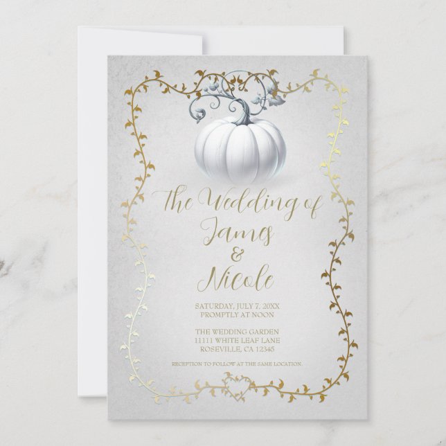 Convite Casamento de Pumpkin Branco e Dourado Storybook (Frente)