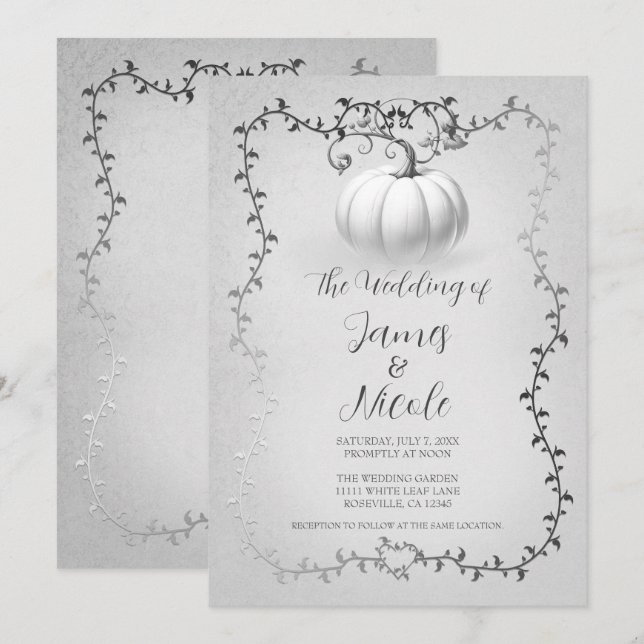 Convite Casamento de Pumpkin em Silver e White Storybook (Frente/Verso)