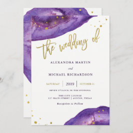 Convite Casamento de Purple e Geode Dourado com Aquarela