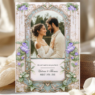 Convite Casamento de Púrpura e Dourada Arte Nouveau