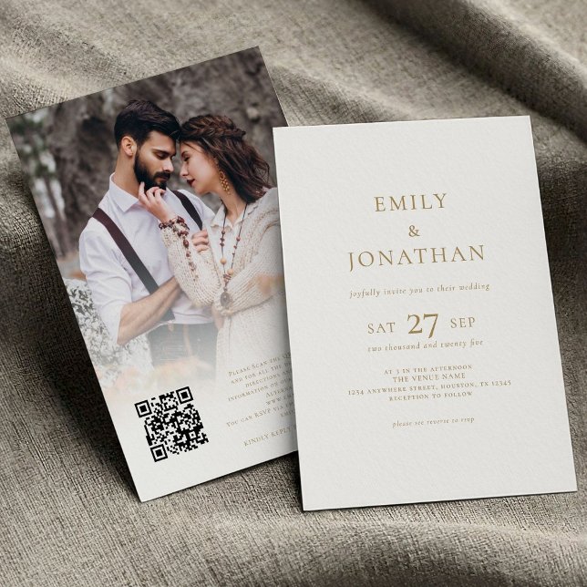 Convite Casamento de QR de Sobreposição de Foto de Script  (front and back view)