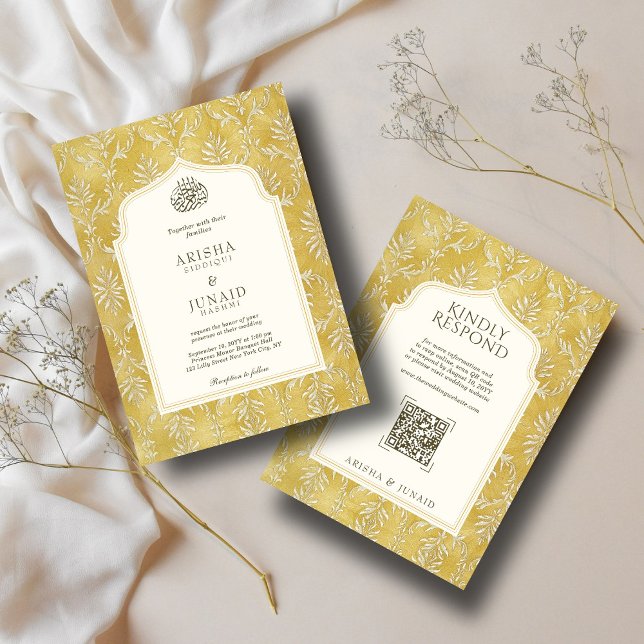 Convite Casamento de QR Muçulmano e Ouro Real Damask (Criador carregado)