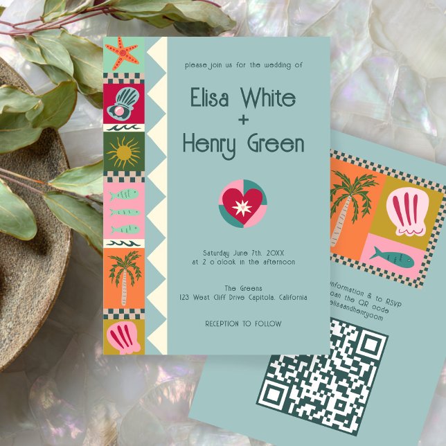 Convite Casamento de QR PERSONALIZADO Cuda Moderna de Soir (Seaside Soiree Modern Cute CUSTOM QR Wedding Invitation
)