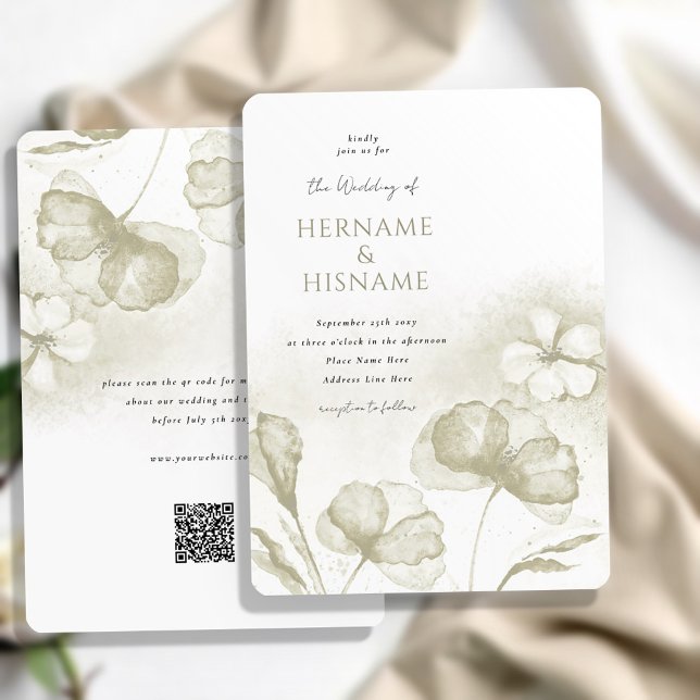 Convite Casamento de QR RSVP do Floral Verde-Azeite Elegan (Criador carregado)