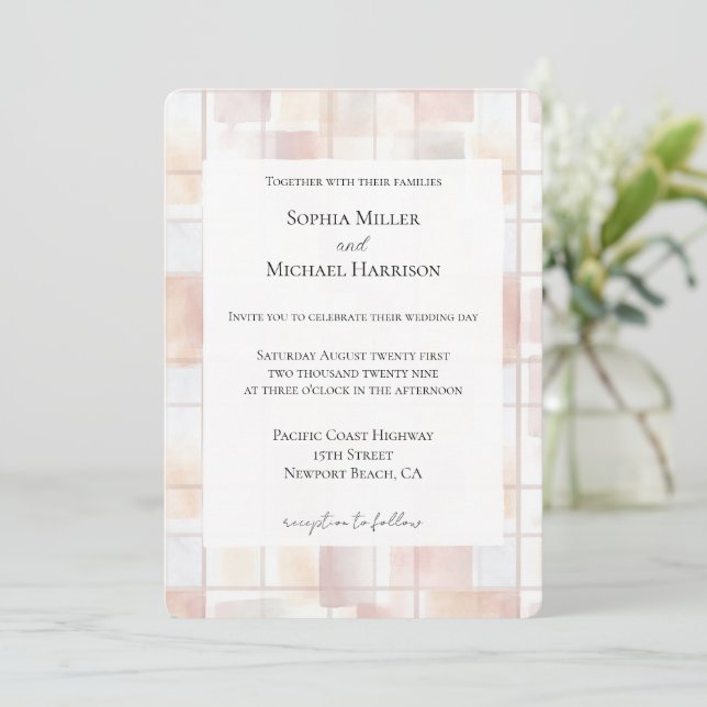 Convite Casamento de Quadrados Rosa Bege (Em pé/Frente)