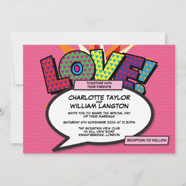 Convite Casamento de Quadrinhos Cor-de-Rosa Diversão Moder (Frente)