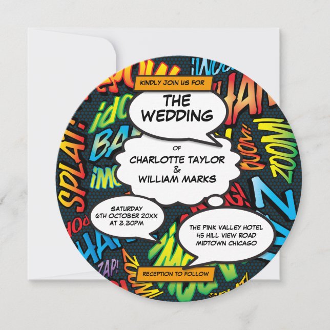 Convite Casamento de Quadrinhos Divertidos Tipográficos Mo (Frente)