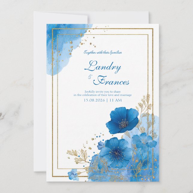 Convite Casamento de Quadro Azure Azure Azure Azul Floral  (Frente)