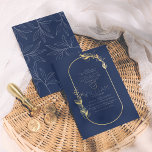 Convite Casamento de Quadro Botânico Elegante Azul e Doura<br><div class="desc">Convites de casamento modernos e minimalistas para qualquer época do ano! Este design botânico apresenta um quadro verde desenhado à mão em folha de ouro falso sobre um fundo azul marinho. Dentro no quadro, há seus nomes e detalhes de eventos em uma delicada tipografia branca. Seus nomes são separados por...</div>
