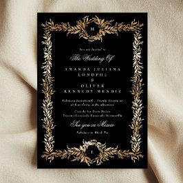 Convite casamento de quadro botânico preto e ouro monogram