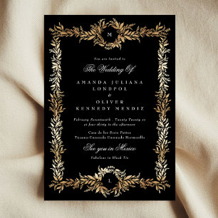 Convite casamento de quadro botânico preto e ouro monogram