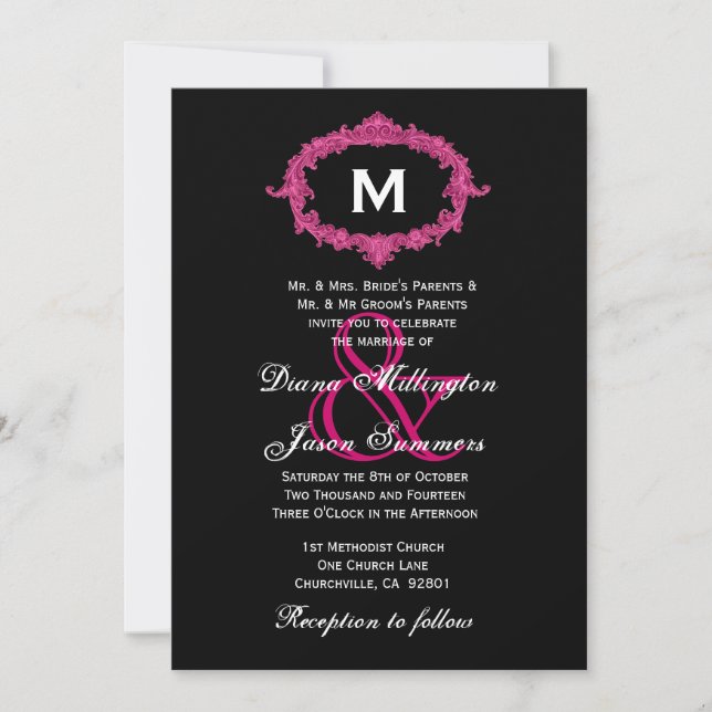 Convite Casamento de quadro de imagem preto e rosa com mon (Frente)