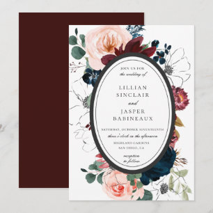 Convite Casamento de Quadro de Oval Floral do Marinho Blus