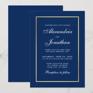 Convite Casamento de Quadro Dourado Azul Clássico Moderno