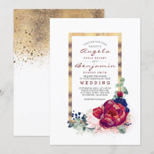 Convite Casamento de quadro Dourado azul de Borgonha e Mar