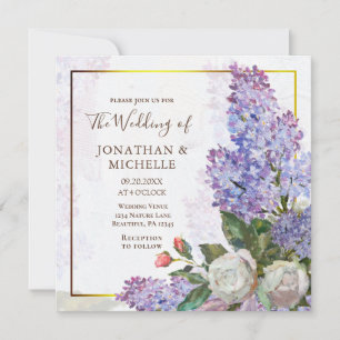 Convite Casamento de Quadro Dourado com Lilases Rosa Azul 