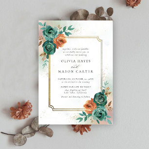 Convite Casamento de Quadro Dourado Elegante Laranja Queim