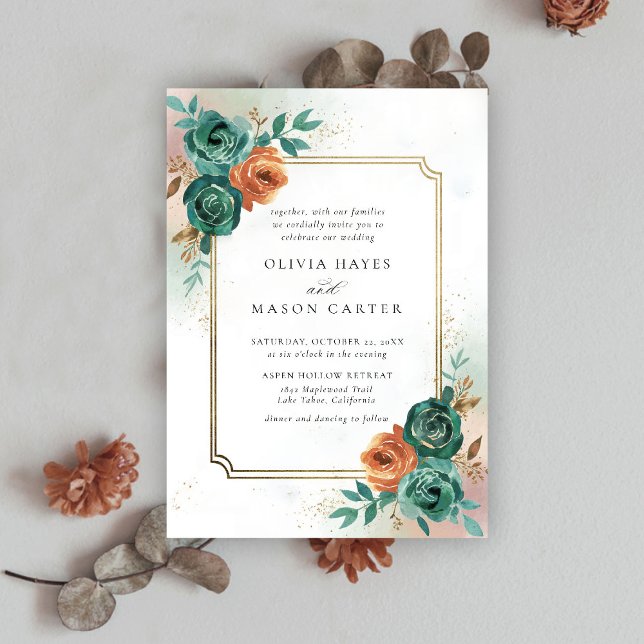 Convite Casamento de Quadro Dourado Elegante Laranja Queim (fall wedding invitation teal burnt orange terracotta watercolor floral botanical earthy nature frame)