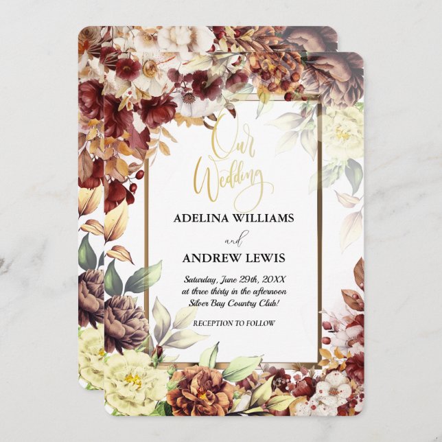 Convite Casamento de quadro Dourado, simples e simples, co (Frente/Verso)