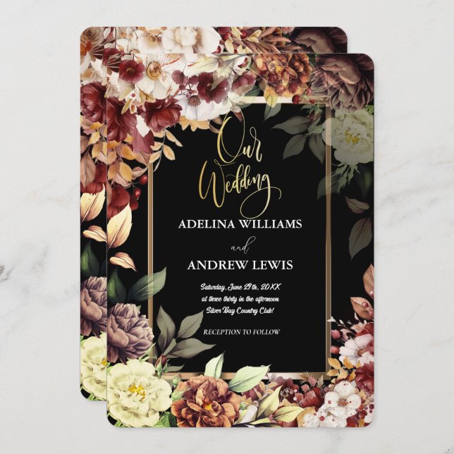 Convite Casamento de quadro Dourado, simples e simples, co (Frente/Verso)