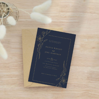 Convite Casamento de Quadro Floral Azul e Dourado do Marin