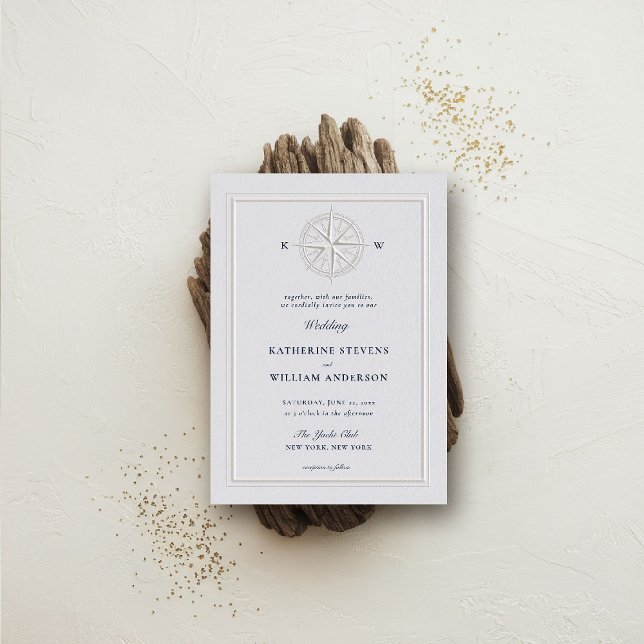 Convite Casamento de Quadro Formal de Rosa Náutico Costeir (nautical wedding invitation compass rose modern classicformal traditional beach ocean coastal ivory)