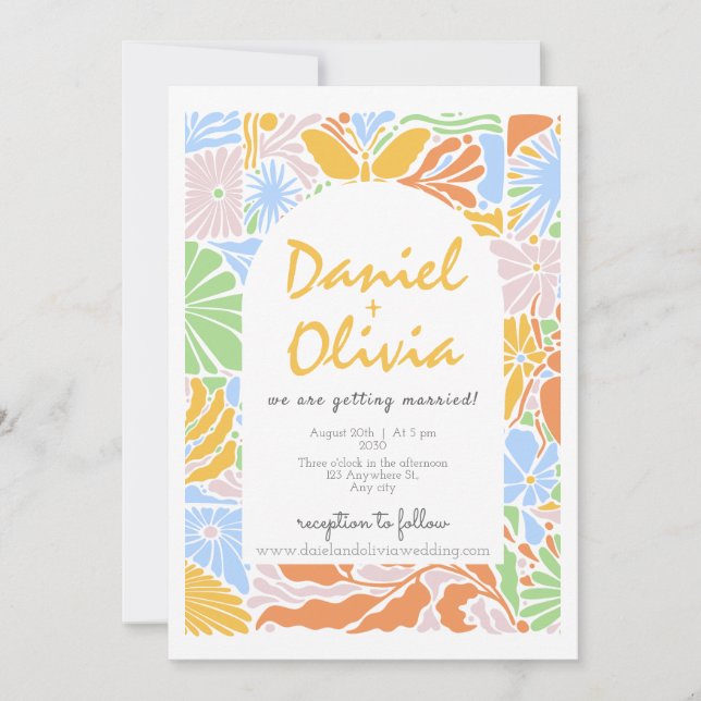 Convite Casamento de Quadro Retro Colorido Floral (Frente)