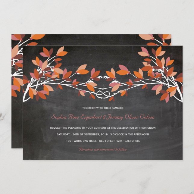 Convite Casamento de Quadros de Chalkboard Autumn Red Knot (Frente/Verso)