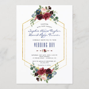 Convite Casamento de Quadros de Hexágono Dourado Floral C