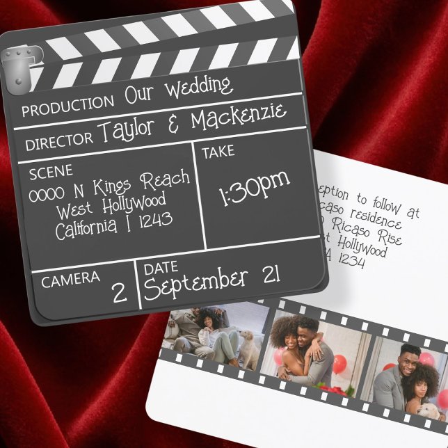 Convite Casamento de Quadros de Palmas Personalizados Nove (Novelty Personalized Movie Clapperboard Wedding Invitation by Ricaso. For the actor or film fan.)