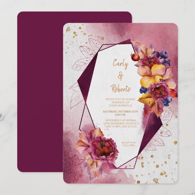 Convite Casamento de Quadros Geométricos Modernos Flóridos (Frente/Verso)