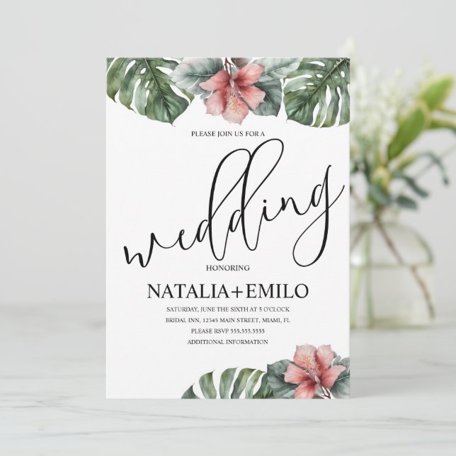 Convite Casamento de Ramagem de Monstera em Aquarela (Em pé/Frente)