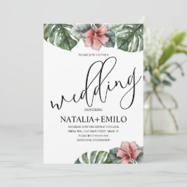 Convite Casamento de Ramagem de Monstera em Aquarela