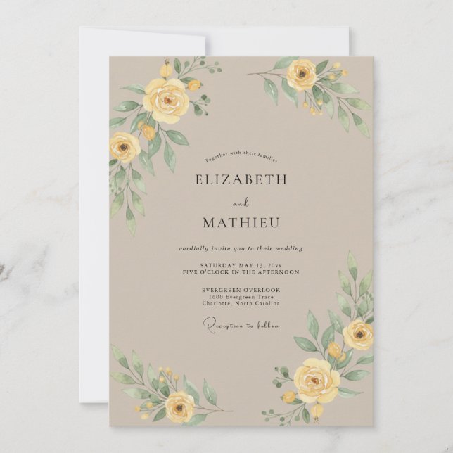 Convite Casamento de Ranúnculo Amarelo Taupe com Eucalipto (Frente)