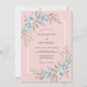 Convite Casamento de Ranúnculo Azul Pastel Rosa Eucalipto