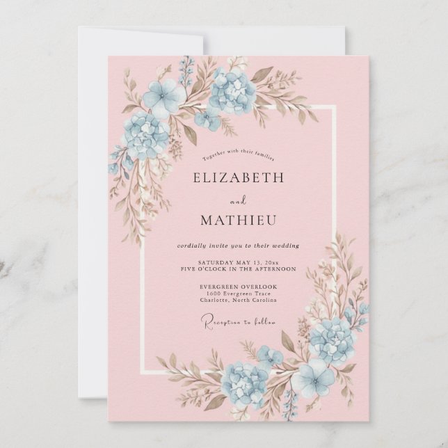 Convite Casamento de Ranúnculo Azul Pastel Rosa Eucalipto (Frente)