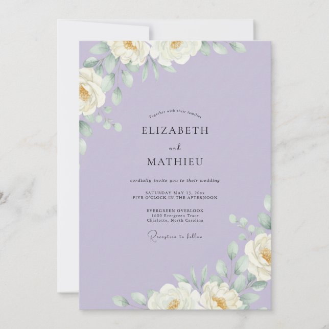 Convite Casamento de Ranúnculo Branco de Lavanda com Eucal (Frente)